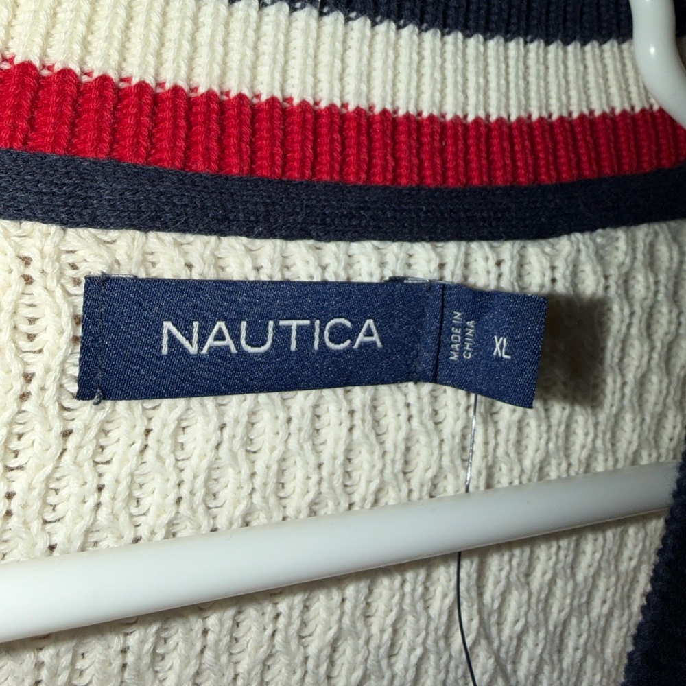 Nautica Men's Cream Cardigan with Red and Blue Trim - Picture 4 of 7